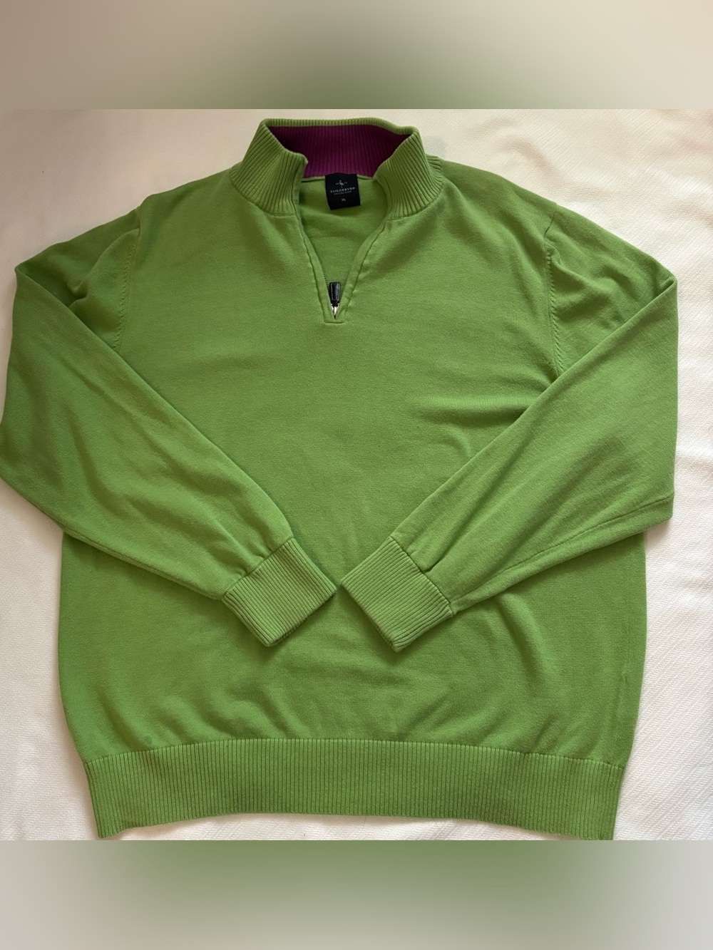 Chartreuse Green with Purple collar Tailorbyrd quarter zip sweater XL